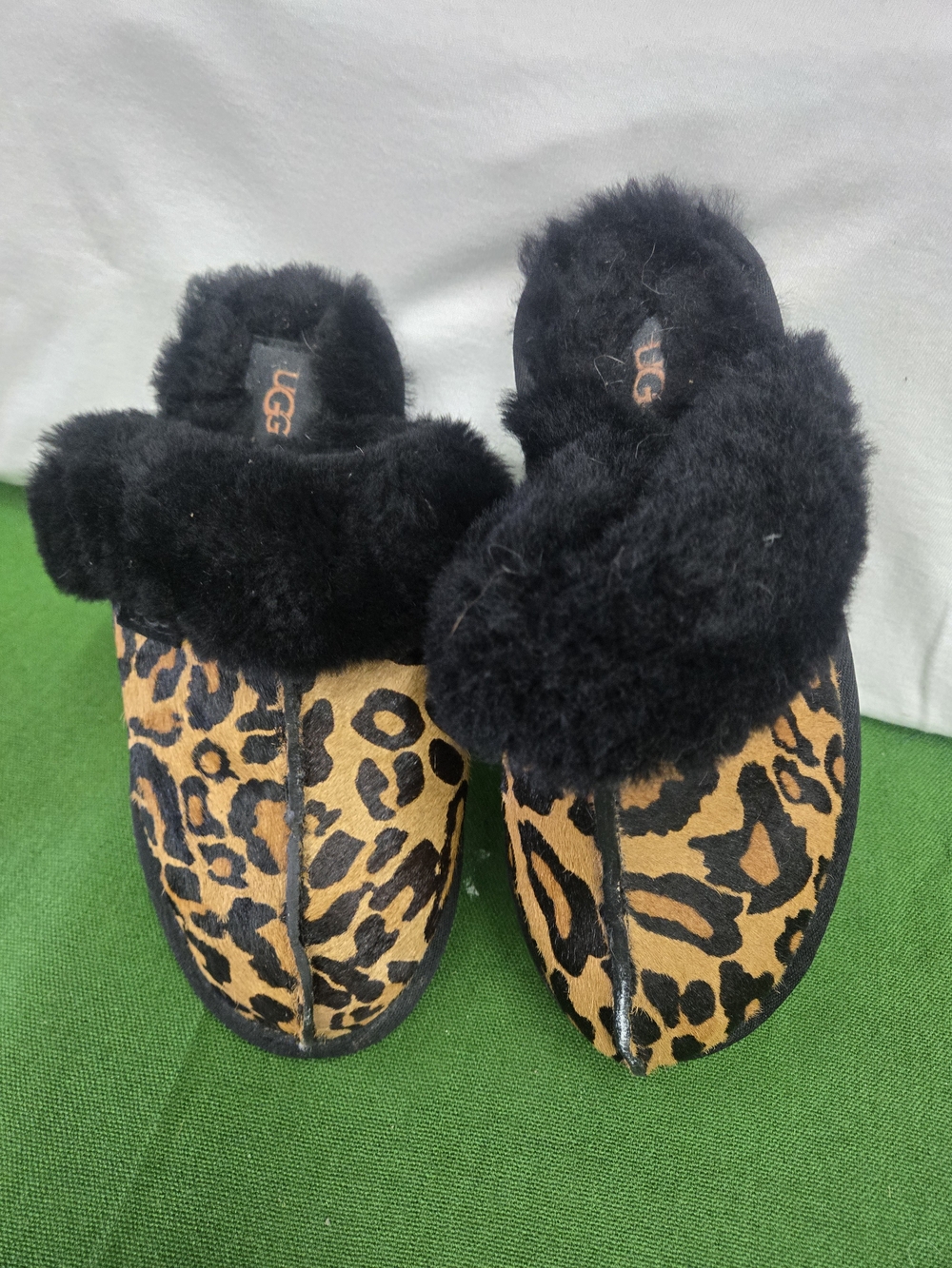 UGG Kids Leopard Print Slippers with Black Shearling Trim